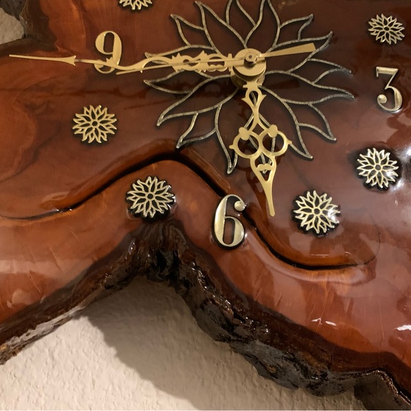 Retro Vintage Burl Wood Live Edge Wall Clock MCM Boho Cabin Lacquered Slab - Picture 4 of 12